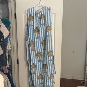 Blue and White Striped Maxi Dress with Palm Tree Print